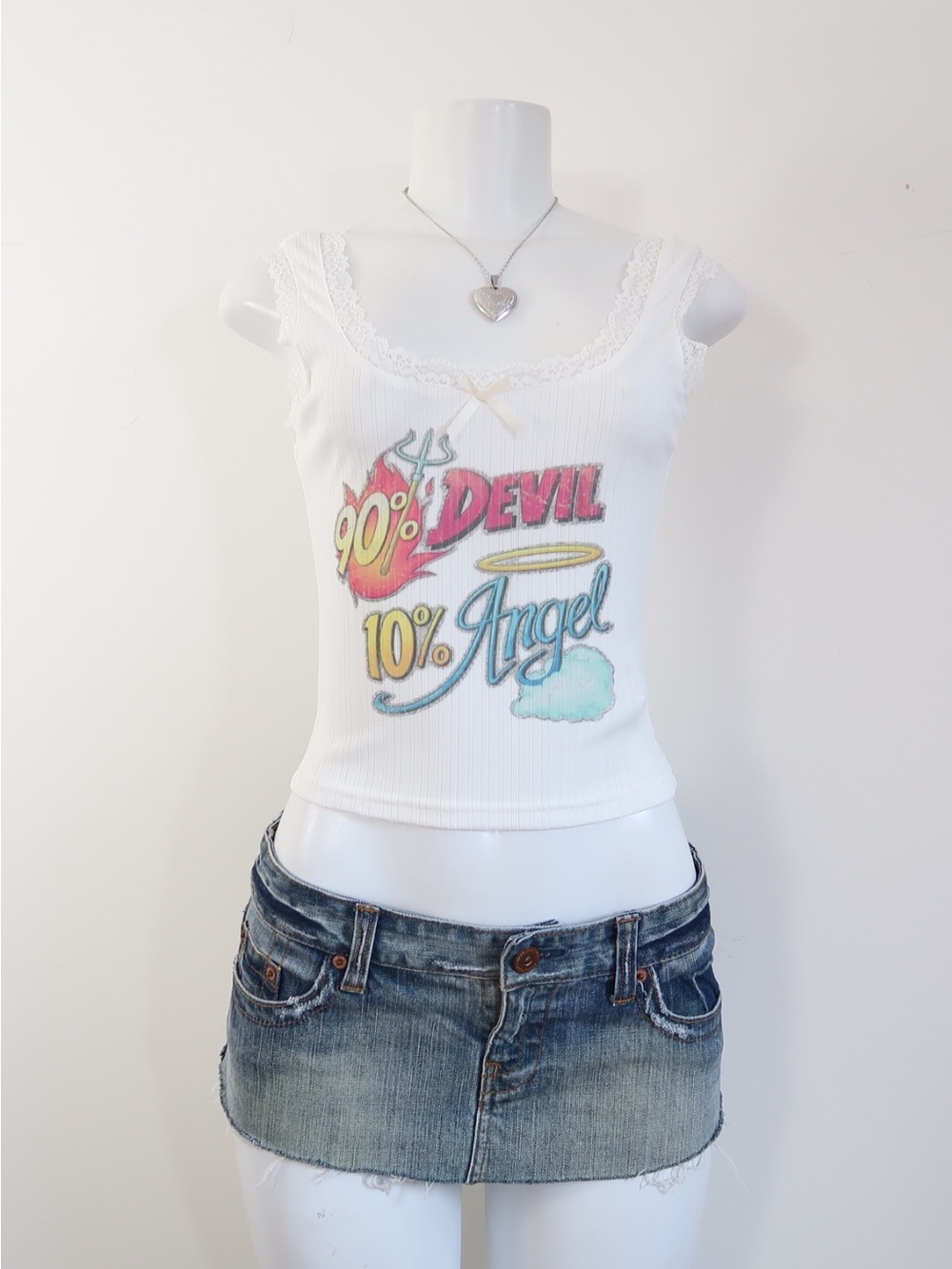 Y2k 90s graphic tank top White '90% Devil 10% Angel' Lace-Trim Tank Top
